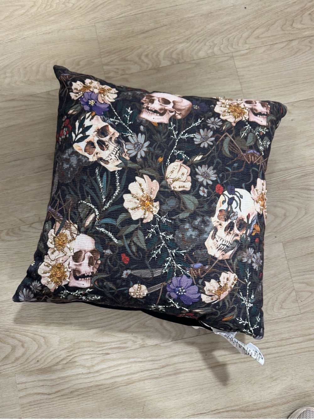 Decorative Skull & Floral Throw Pillow - Black